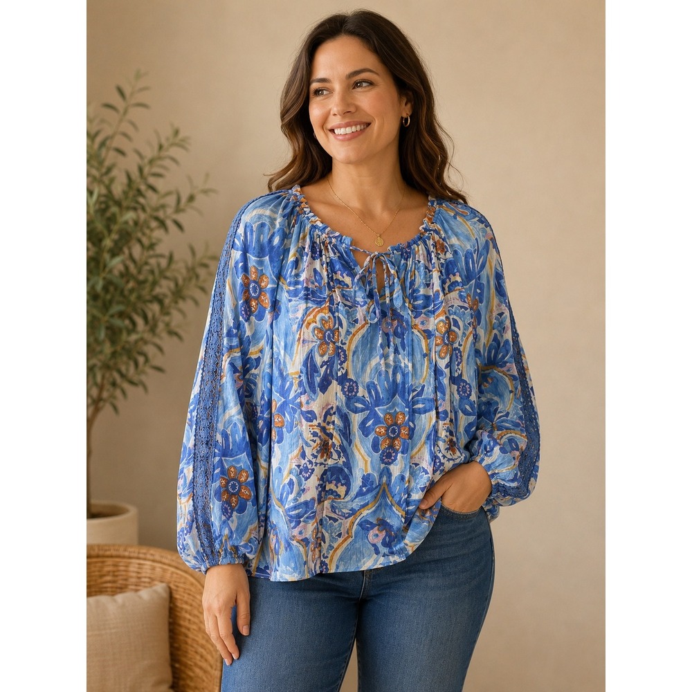 Hope & Harlow Peasant Top Women XL Blue Floral Paisley Lace Trim Boho Blouse